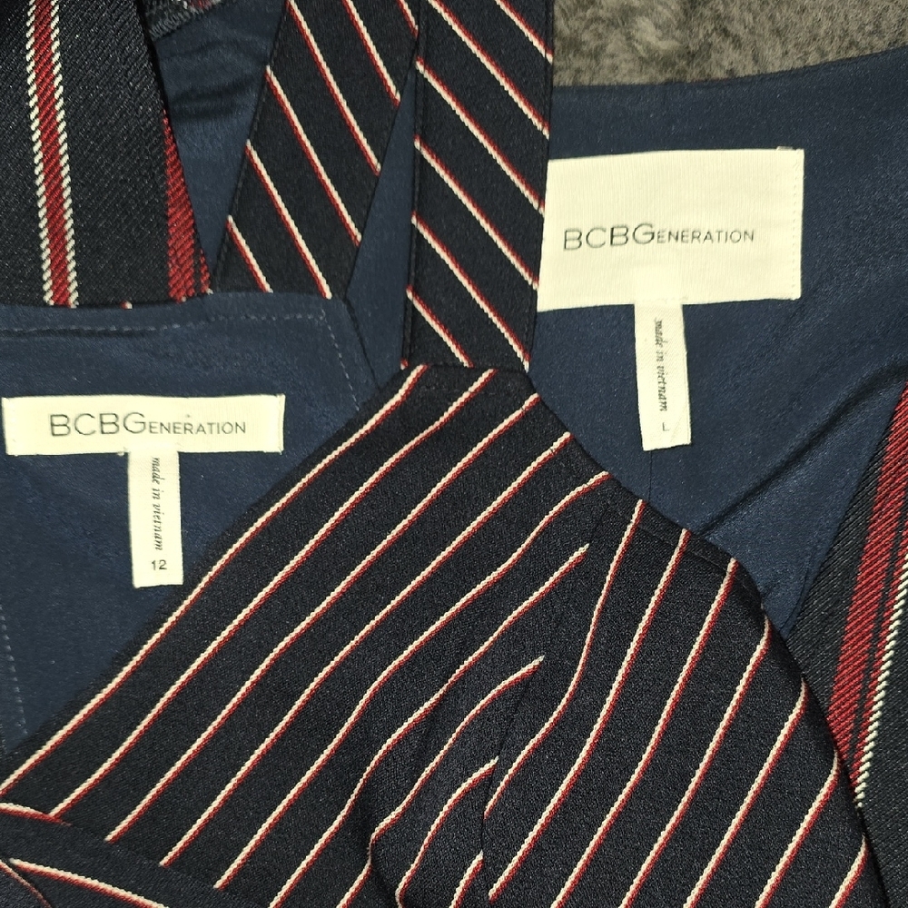 BCBGeneration Navy and Red Striped Cropped Jumpsuit 12 Cape Blazer Large